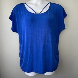 Chicos Travelers Top 3 Size XL Cobalt Blue Slinky Stretch Knit Ruched Going Out